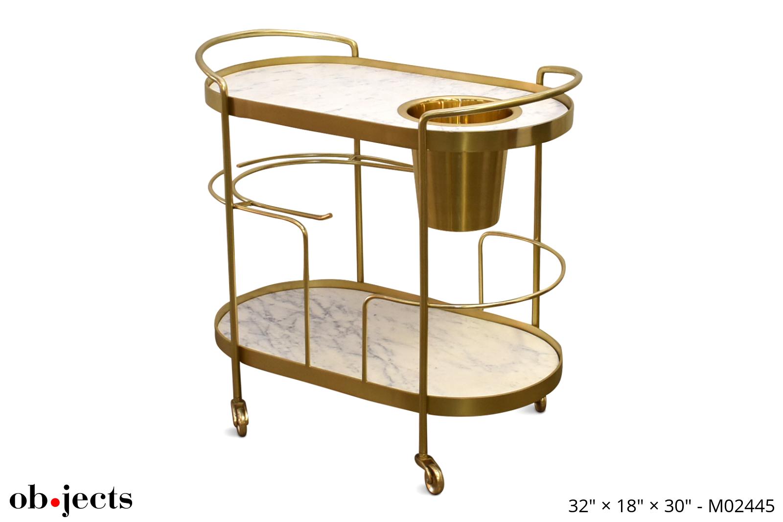 Bar Cart Brass w/Carrera Marble Shelves & Ice Bucket | Ob•jects