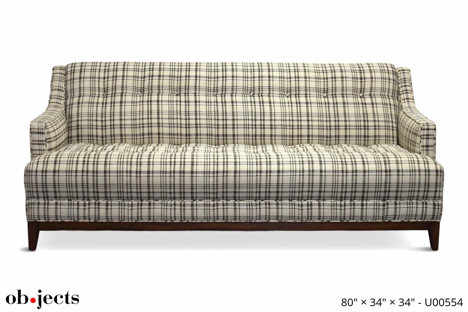 Sofa Horsehair Linen Beige/Brown Plaid w/Walnut Carriage | Ob•jects