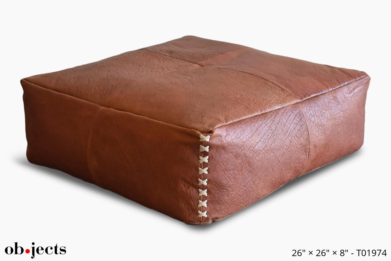 Pouf/Floor Cushion Tan Leather w/Beige Corner Cross Stitch | Ob•jects